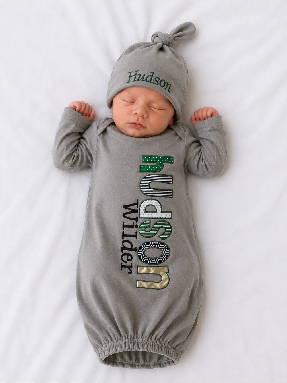 Personalized Gray “Hudson Wilder” Baby Sleep Gown with Knot Hat